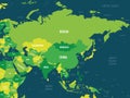 Asia - green hue colored on dark background. High detailed political map of asian continent with country, capital, ocean