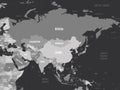 Asia - grey colored on dark background. High detailed political map of asian continent with country, capital, ocean and