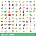 100 asia icons set, isometric 3d style