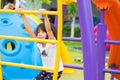 Asia kid girl having fun to play on children`s climbing toy at school playground,back to school outdoor activity