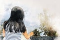Asia kids girl walking street and traveling in the park on watercolor illustration painting background