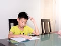 Asia little student boy studying and doing his homework at home Royalty Free Stock Photo