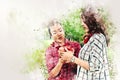 Asia mother and daughter holding apples fruit on watercolor illustration painting background.