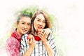 Asia mother and daughter holding and eating apples fruit on watercolor illustration painting background. Royalty Free Stock Photo
