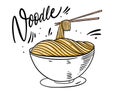 Asia Noodle in deep bowl. Hand drawn vector illustration. Isolated on white background. Cartoon style
