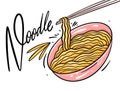 Asia Noodle in pink bowl. Hand drawn vector illustration. Isolated on white background. Cartoon style