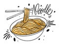 Asia Noodle in white bowl. Hand drawn vector illustration
