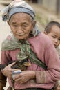 Asia, old woman with chicken and grandson Royalty Free Stock Photo