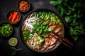 japanese hot soup food background asian noodle bowl green meal vegetable. Generative AI.