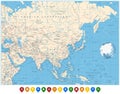 Asia political map and and location pin icons