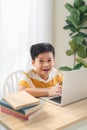 Asia preteen boy studying online on laptop with smiling and fun face at home. online education and e-learning concept Royalty Free Stock Photo