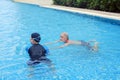 Portrait asia senior woman and caucasian old man resting together in the edge of swimming pool in clubhouse Royalty Free Stock Photo