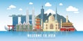 Asia skyline. Travel landmarks panoramic poster with text, historical and cultural buildings and attractions set, water