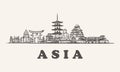Asia skyline vintage illustration, hand drawn buildings