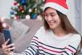 Asia smile woman take selfie photo with mobile phone with blur c Royalty Free Stock Photo