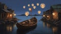 light festival celebration travel boat lamp night river water lantern. Generative AI.