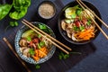 Asia style ramen soup with udon noodle, beef, shiitake, pak choi cabbage and carrots Royalty Free Stock Photo