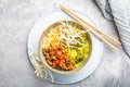 Asia style ramen soup with udon noodles, cabbage, bamboo sprouts and spicy pork Royalty Free Stock Photo