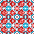 Asia style seamless pattern with red and blue Japanese ornamental flowers and geometrical elements on white background Royalty Free Stock Photo