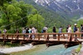 June 2018, Tourist people hiking Kappa Bashi bridge river, Kamikochi, Japan