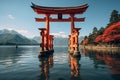 Asia Travel Destination of Floating Torii Gate on Miyajima Island in Japan at Bright Day