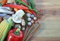 Asia vegetable food and herb spice on wood table