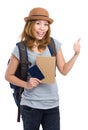Asia woman backpacker holding passport and thumb up Royalty Free Stock Photo