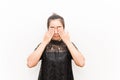 Asia woman covering eyes with her hands on white background Royalty Free Stock Photo