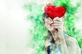 Asia woman holding heart sign on watercolor illustration painting background.