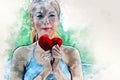 Asia woman holding heart sign on watercolor illustration painting background.