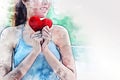 Asia woman holding heart sign on watercolor illustration painting background.