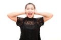 Asia woman screaming and covering ears with her hands Royalty Free Stock Photo