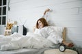 Morning Wake Up. Woman Waking Stretching In Bed. Healthy Lifestyle.