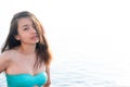 Asia women wearing bikini at the swimming pool.