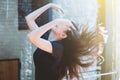 Asia youth teenage girl absurd posing on wall glass background.