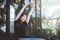 Asia youth teenager sitting on chair with stretch oneself