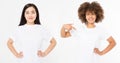 Asian and african american women in blank white t shirt isolated on white background. Multi ethnic and multination concept. Set