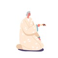 Asian Aged Woman Eat Sushi with Chopsticks Sitting on Floor. Old Female Character, Oriental Smiling Woman wear Kimono