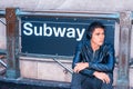 Young Asian American college student listening music, traveling in New York City Royalty Free Stock Photo