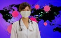 Asian American doctor with coronavirus map illustration