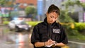 Asian American Police Officer at Crime scene Taking Notes Royalty Free Stock Photo