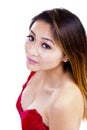 Asian American Woman Red Top Showing Cleavage