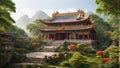 Asian ancient temple nestled deep in a serene forest environment