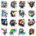 Asian animal set painted with watercolors on a white background in a realistic manner, multicolored and iridescent. Royalty Free Stock Photo