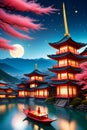An Asian Architechture At Night Scene With Mountain View, Full Moon, A Boat Passing By, Dreamy Chinese Old Town, Ancient Castle