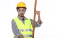 Asian Architect Engineer woman in yellow hard hat, safety vast Royalty Free Stock Photo