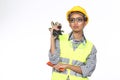 Asian Architect Engineer woman in yellow hard hat, safety vast Royalty Free Stock Photo