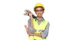 Asian Architect Engineer woman in yellow hard hat, safety vast Royalty Free Stock Photo