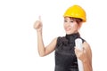 Asian architect girl wear hardhat and show thumb up