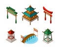 Asian Architecture with Pagoda, Bridge, Gate and Gazebo Isometric Vector Set Royalty Free Stock Photo